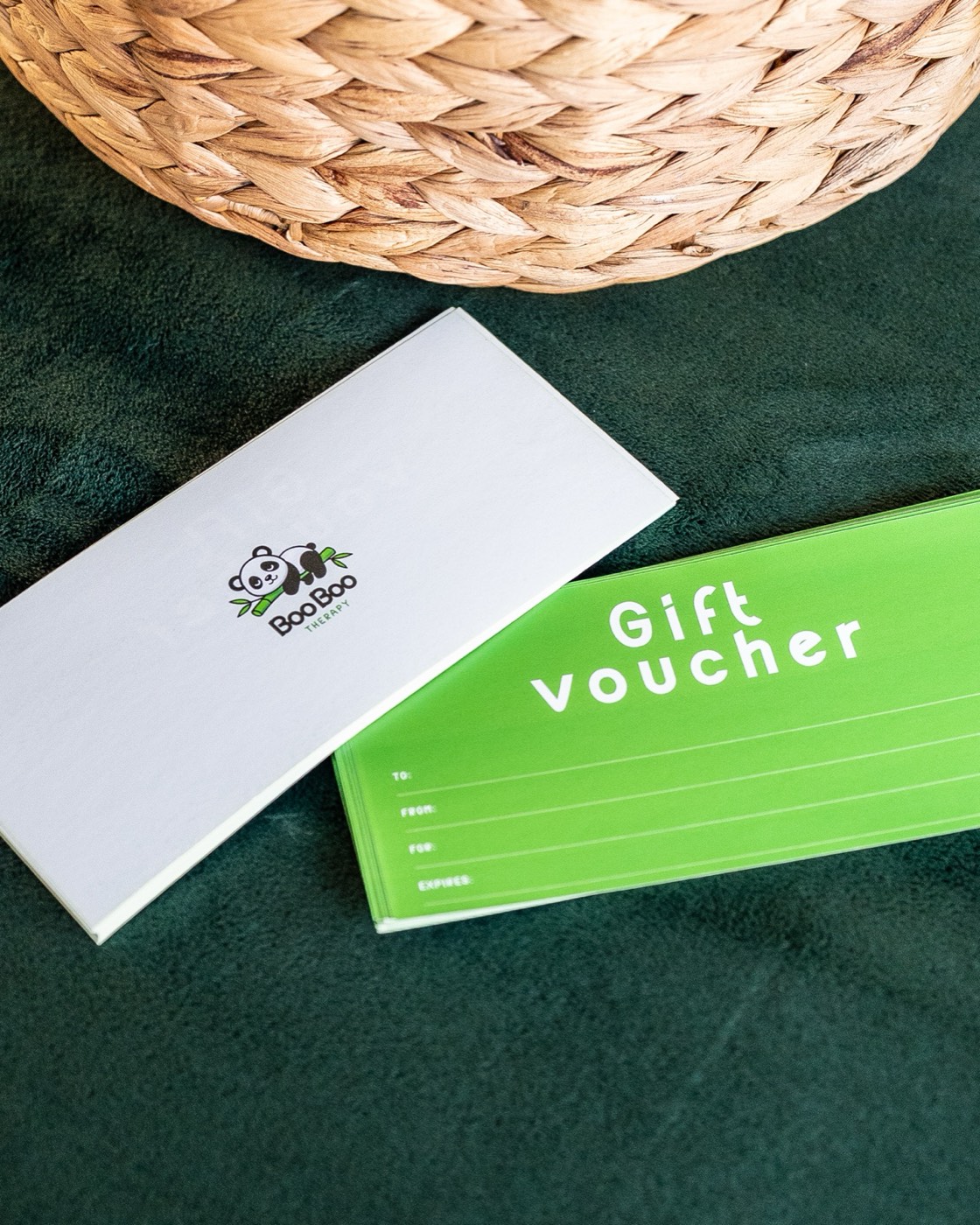 BooBoo Therapy gift vouchers: green voucher card with To, From and For fields, with the panda logo cover